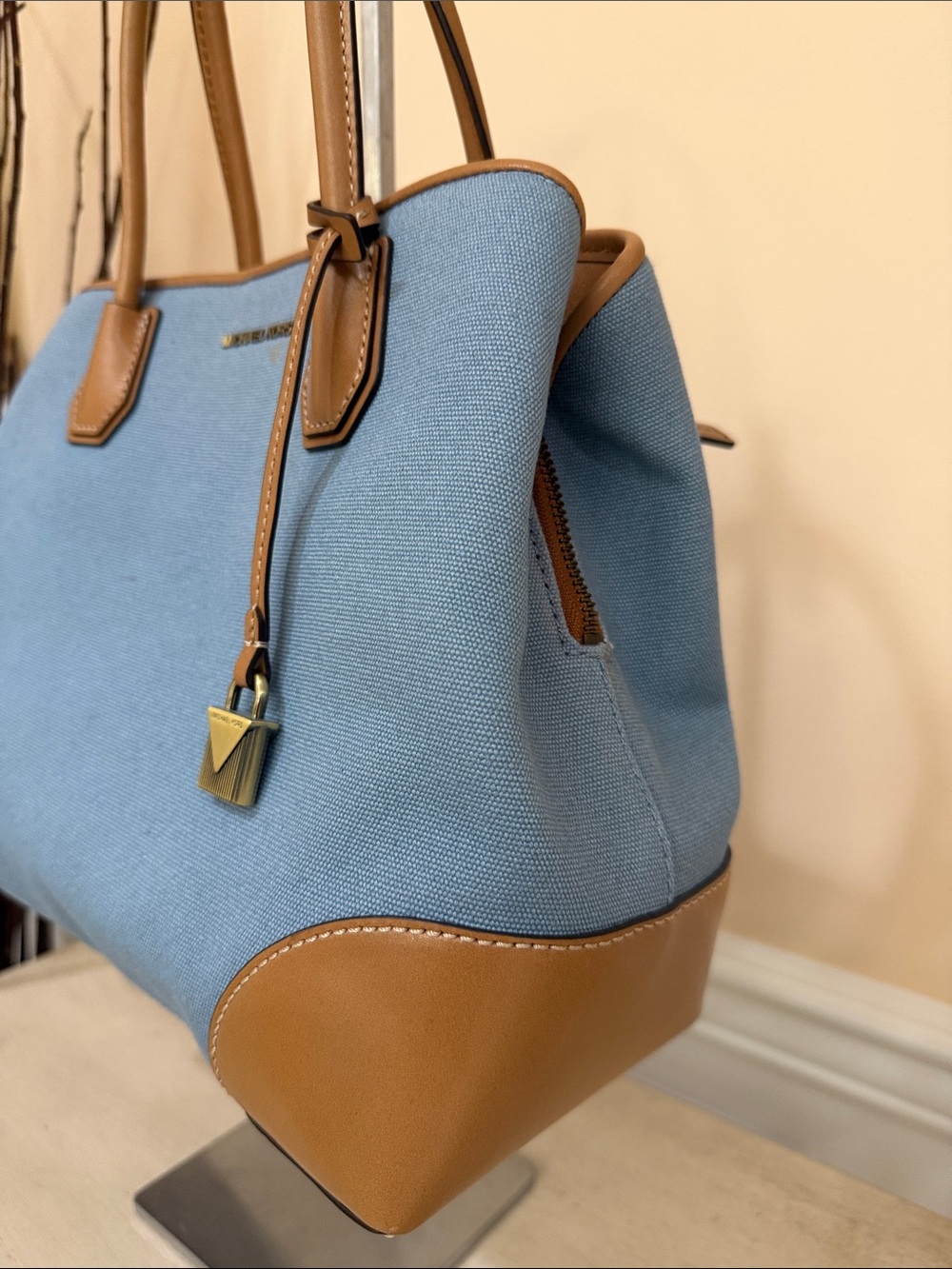 Michael Kors Blue Canvas and Tan Leather Satchel - Picture 2 of 9